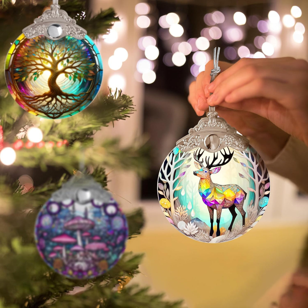 Stained Glass Suncatcher, Deer Ornament for Christmas Tree, Holiday Home Decor and Gifts
