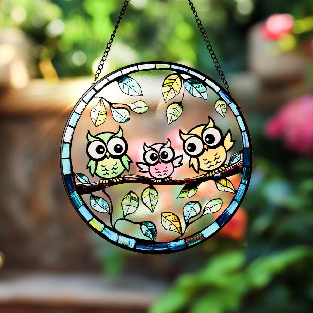 7.87” Owl Stained Glass Suncatcher - Hand-Painted Colorful Owls on Tree Window Hanging with Metal