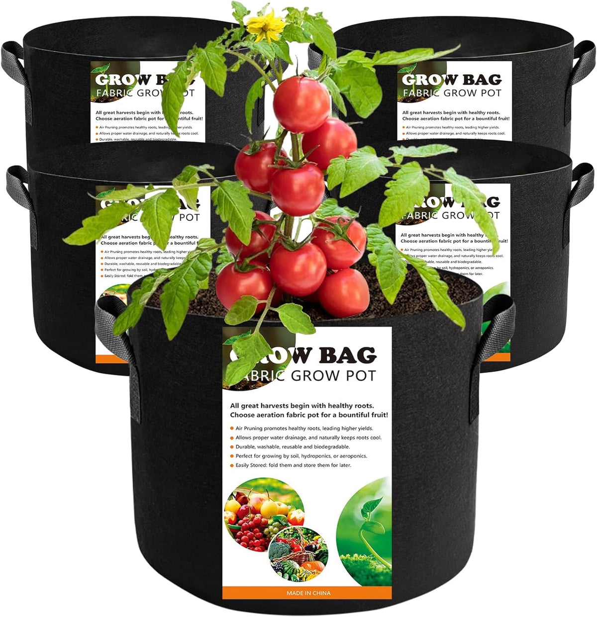 5 Pack 3 Gallon Fabric Grow Bags, Heavy Duty 300G Thickened Aeration Nonwoven Fabric Garden Pots
