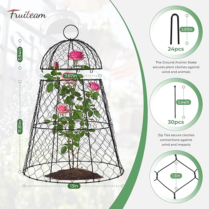 FRUITEAM Metal Plant Covers 6pcs, Heavy Duty Garden Cloche Plant Cage for Outdoor, 13"x15.8"H