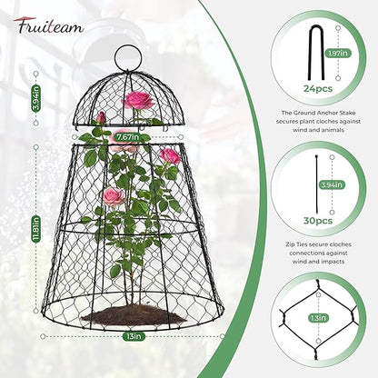FRUITEAM Metal Plant Covers 6pcs, Heavy Duty Garden Cloche Plant Cage for Outdoor, 13"x15.8"H