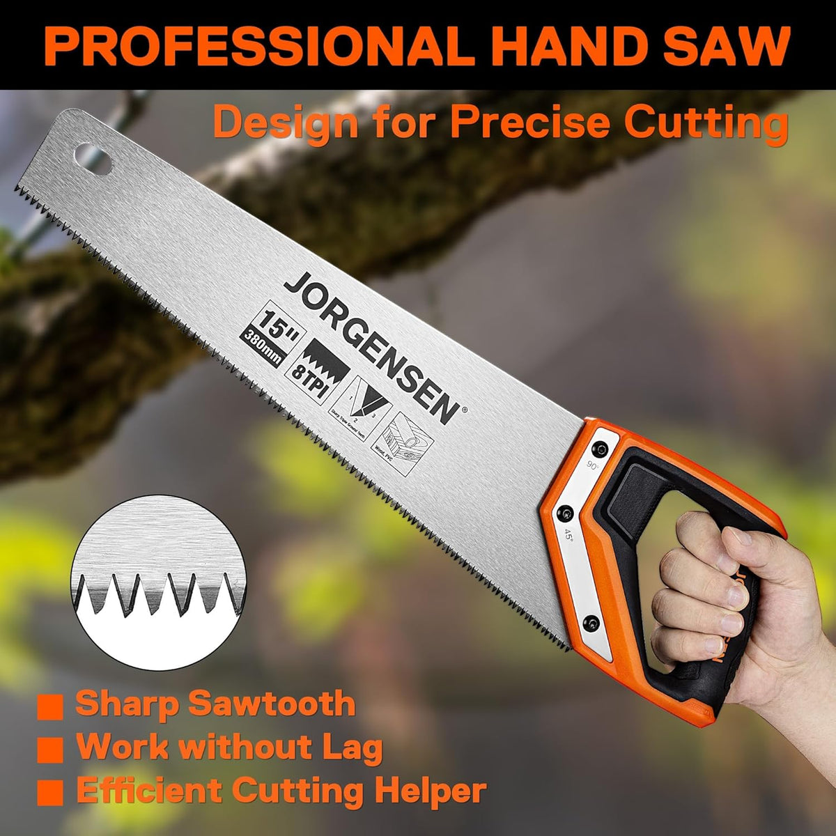 JORGENSEN 15 Inch Pro Hand Saw, 8 TPI Fine-Cut Ergonomic Non-Slip Aluminum Ultrasonic Welding