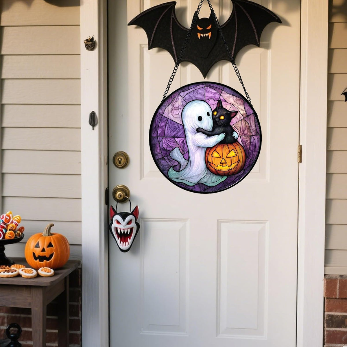 Stained Glass Window Hanging - Halloween Decorations Ghost Black Cat Pumpkin Suncatcher for Door