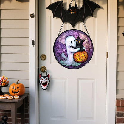 Stained Glass Window Hanging - Halloween Decorations Ghost Black Cat Pumpkin Suncatcher for Door