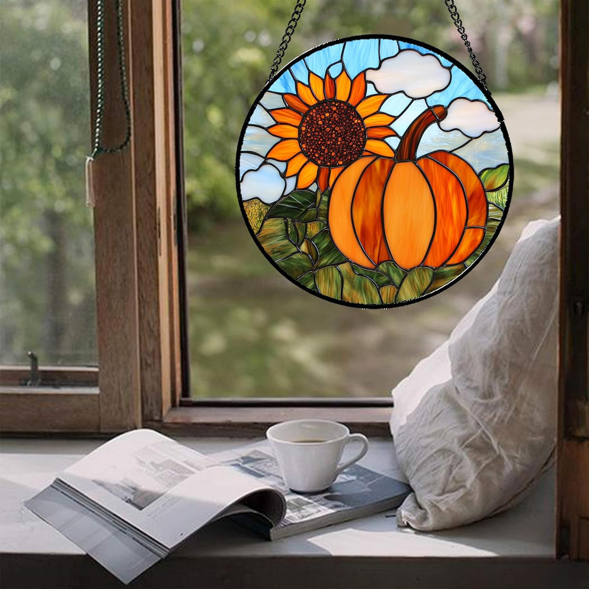 Stained Glass Window Hanging Fall Farm Scenery Sunflower Pumpkin 7.8" - Suncatcher Door Garden