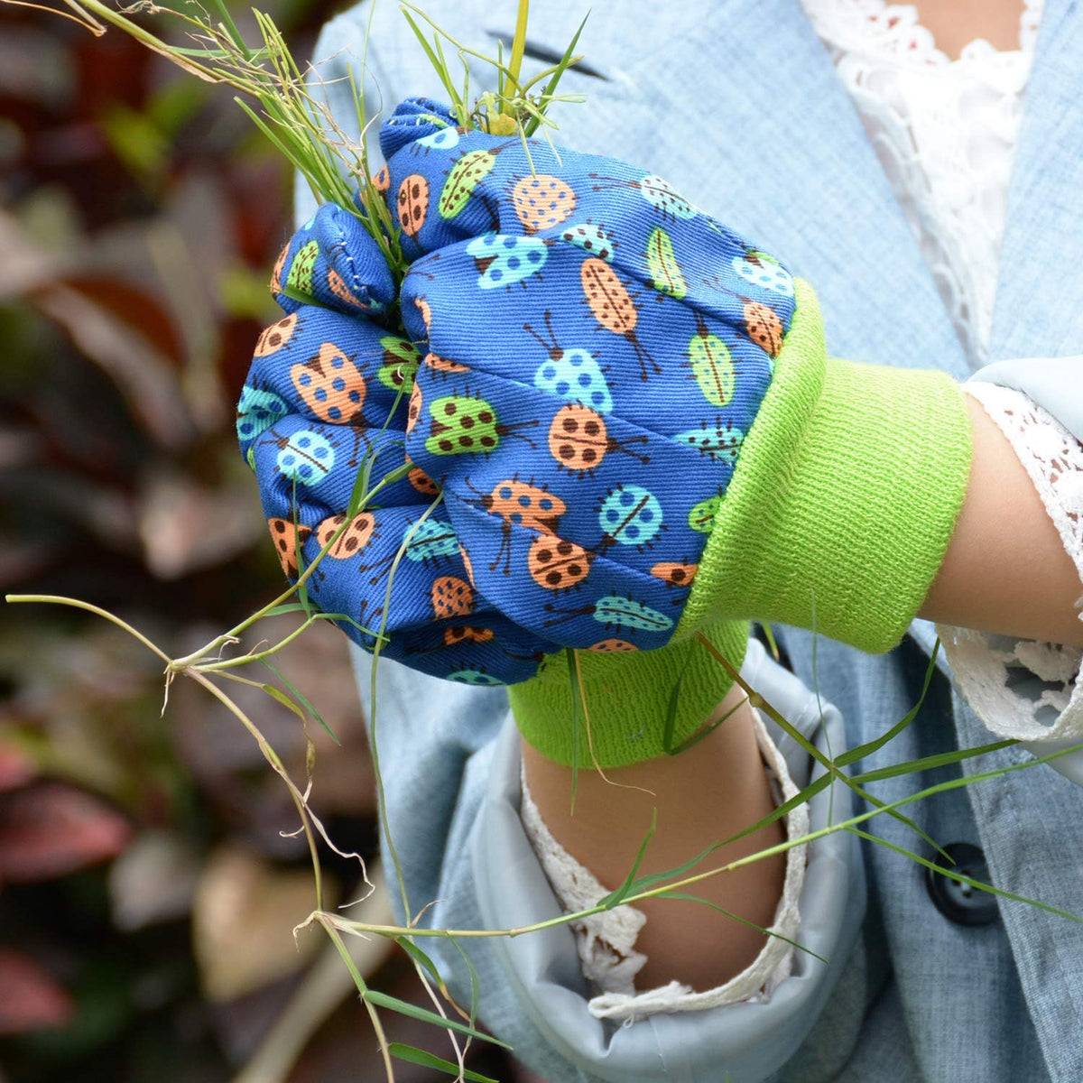 HANDLANDY 2 Pairs Kids Gardening Gloves, Girls Boys Children Garden Work Play Gloves (Green Ladybug