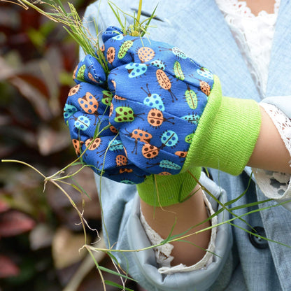 HANDLANDY 2 Pairs Kids Gardening Gloves, Girls Boys Children Garden Work Play Gloves (Green Ladybug