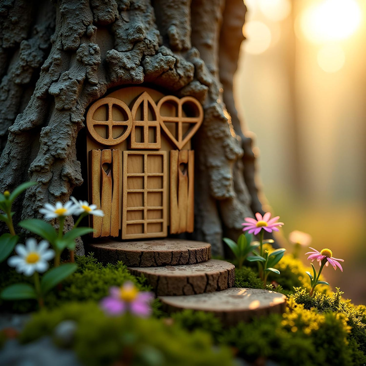 4 Pcs Wooden Fairy Garden Door and Windows Ornaments Tree Statues for Tree Trunk Yard Decoration