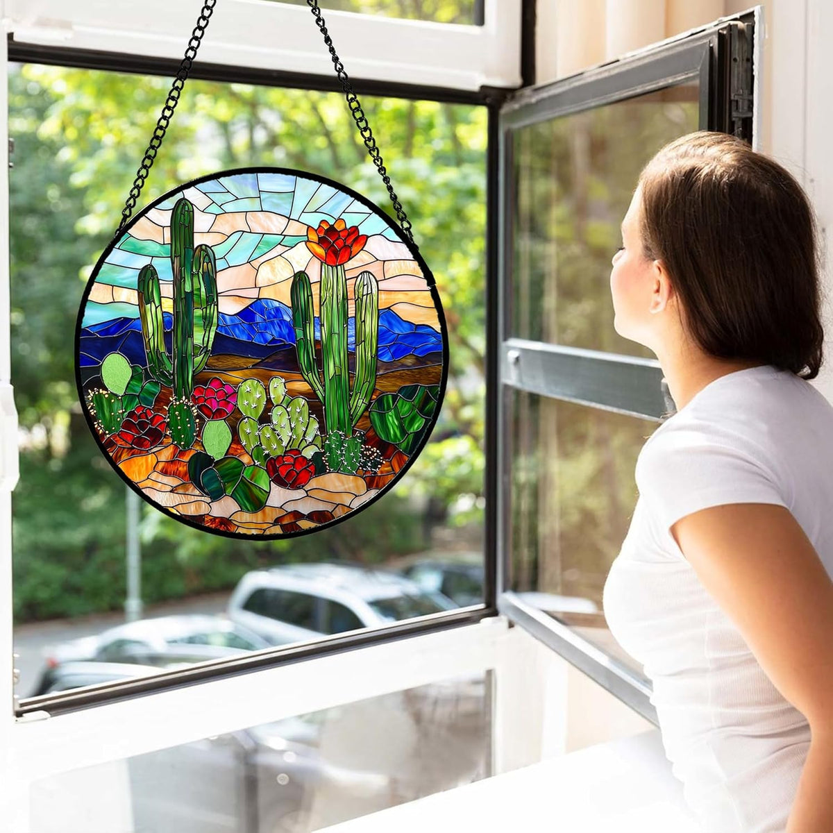 Stained Glass Window Hanging, Green Cactus Suncatcher for Doors Window Home Plant Landscape Sun