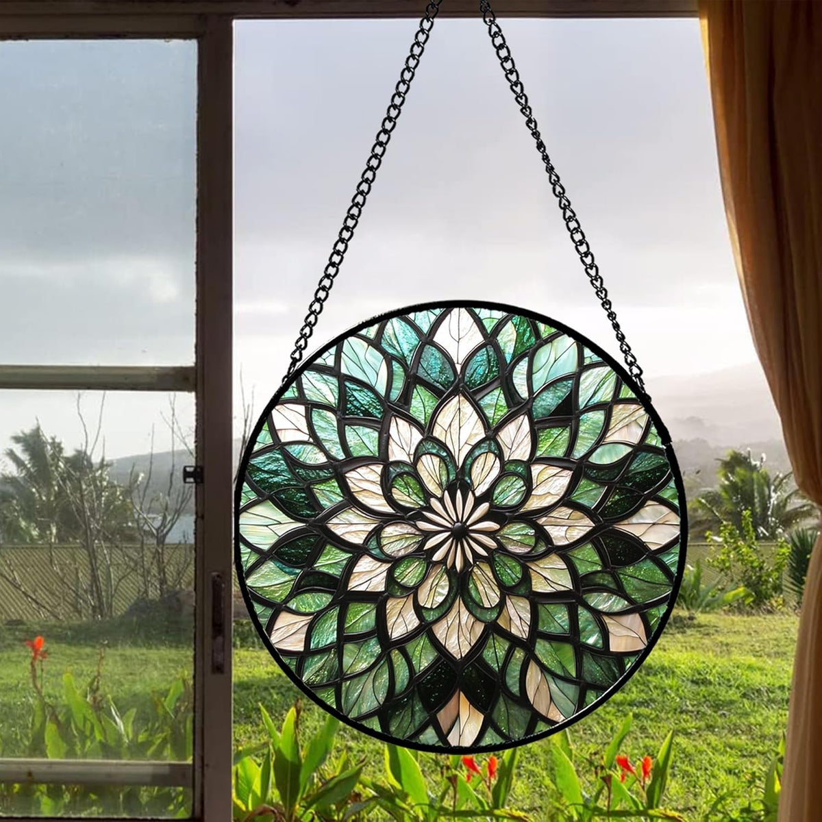 Stained Glass Window Hanging - Abstract Gradient Flowers Suncatcher for Doors Window Home Green Sun