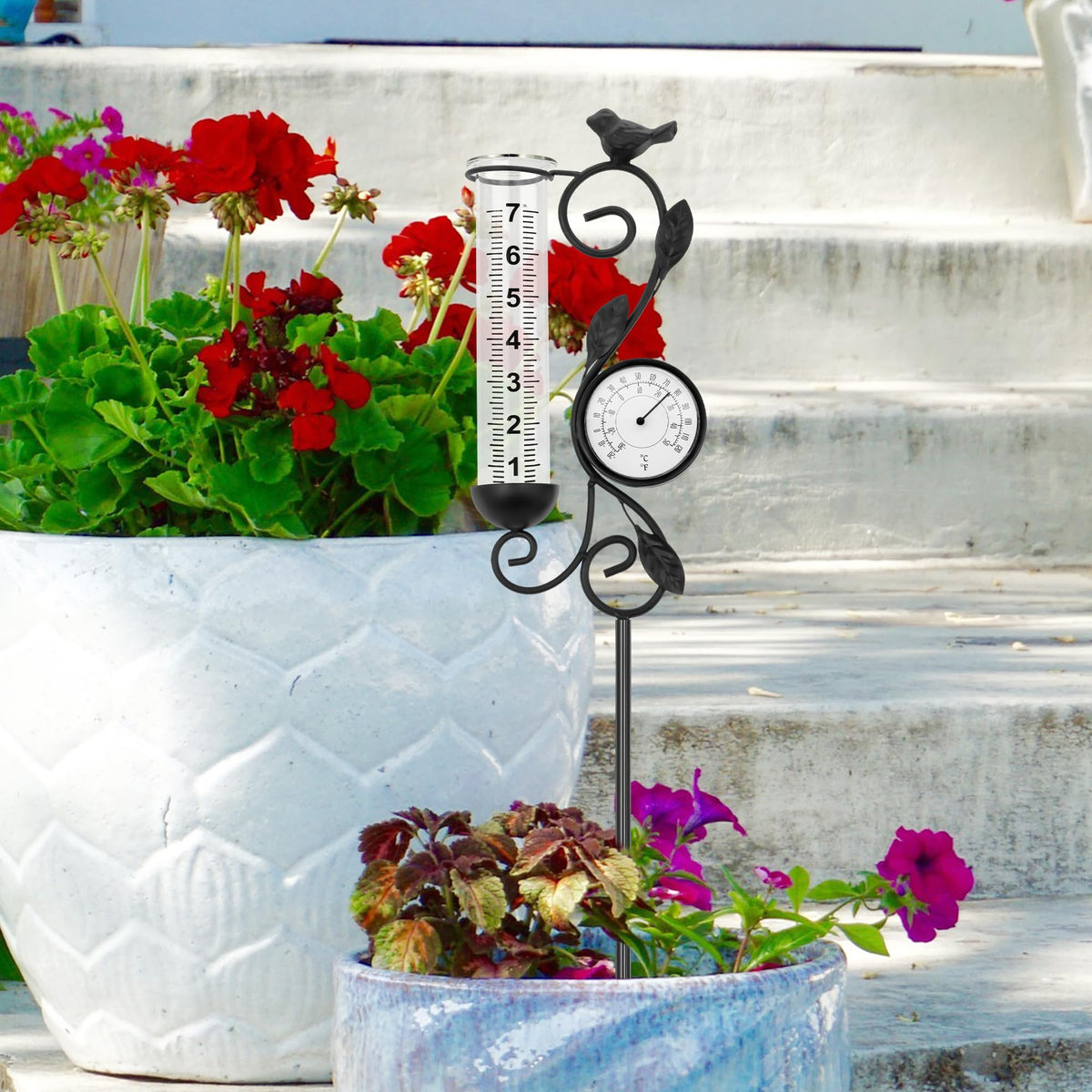 32" Garden Rain Gauge with Thermometer - 7" Glass Tube for Outdoor Indoor Use, Patio Yard Decor