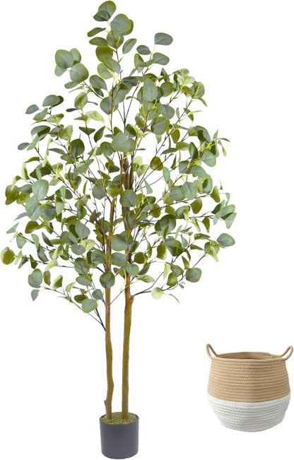 Artificial Eucalyptus Tree, 5ft Tall Fake Eucalyptus Plant with Woven Basket, 60'' Silk Leaves Faux