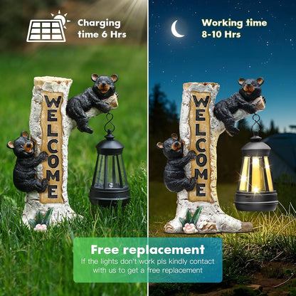 Json Garden Bear Statue with Solar LED Lantern, Gifts for Mom Yard Art, Whimsical Figurine Large