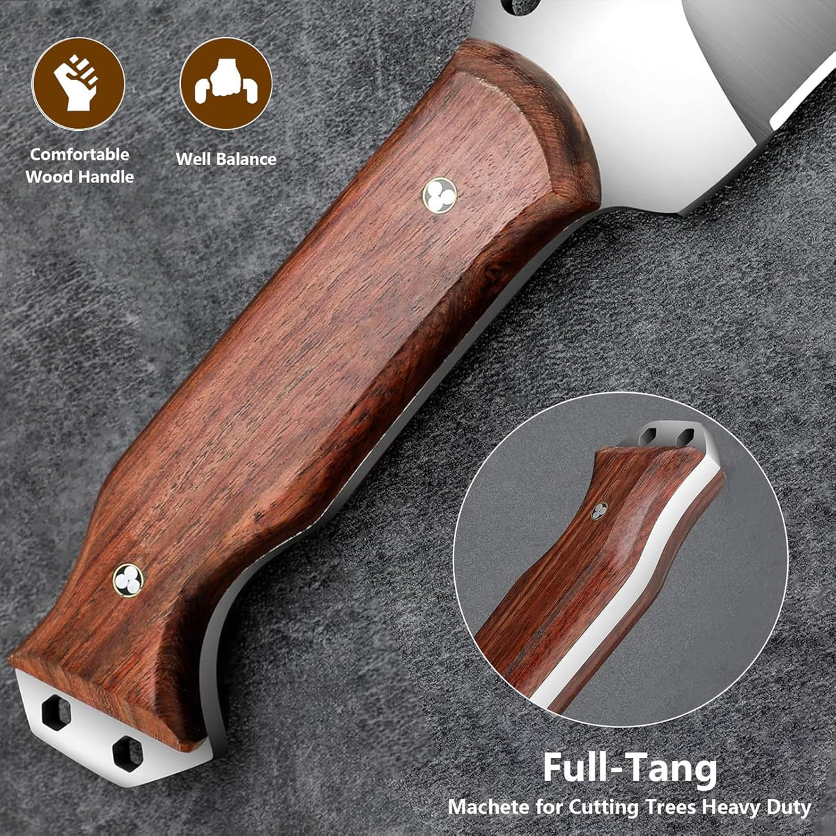 Machete w Sheath for Yard Work, 15'' Full Tang Camping Machete for Cutting Trees Heavy Duty