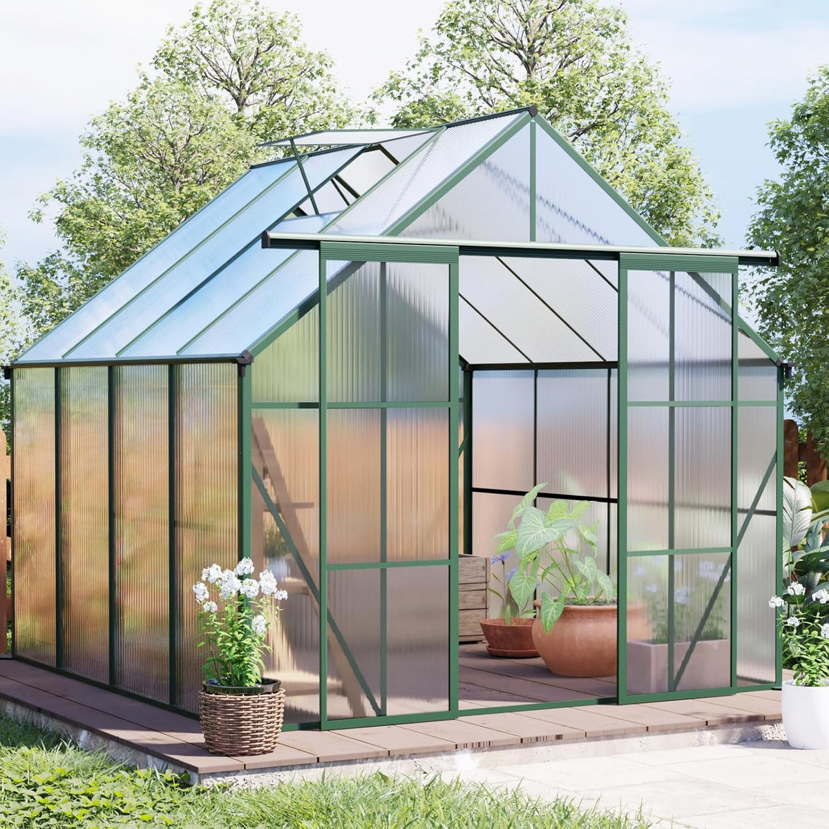 KEIKI 8x8 FT Double Door Polycarbonate Greenhouse with Aluminum Frame,Raised Base and Roof