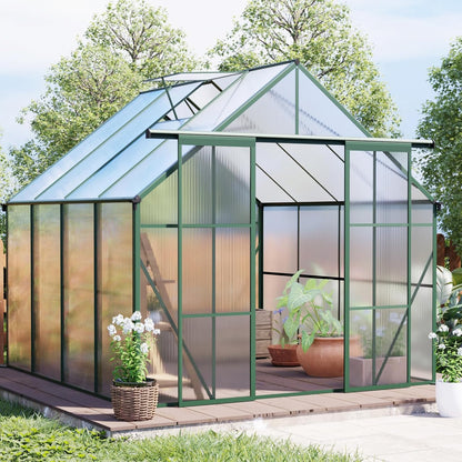 KEIKI 8x8 FT Double Door Polycarbonate Greenhouse with Aluminum Frame,Raised Base and Roof