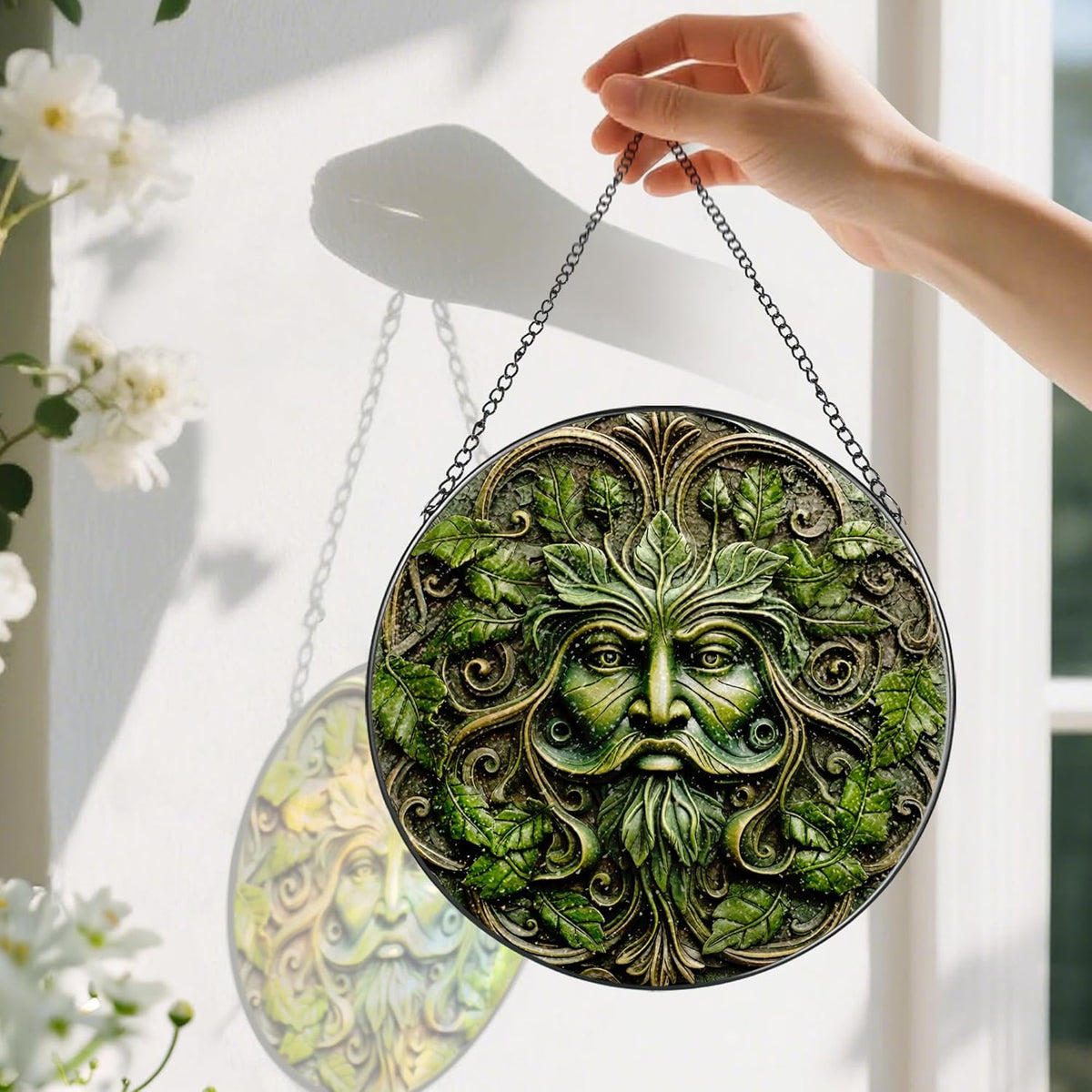 Green Man Stained Glass Suncatcher, Stained Glass Window Hanging, 8 Inch Window Decor Hanging, Gift