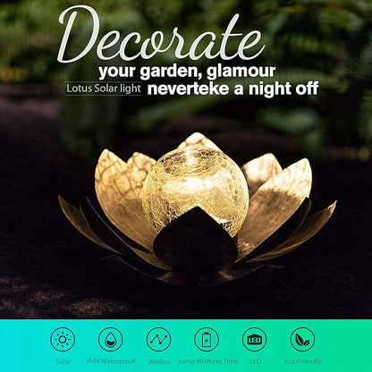 Huaxu Solar Lights Outdoor Garden, Crackle Globe Glass Lotus Decor, Waterproof LED Metal Flower