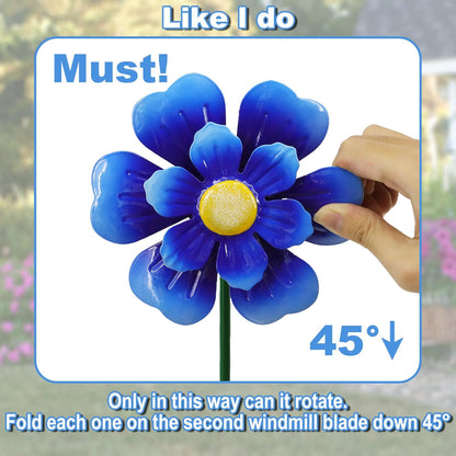 Metal Flower Wind Spinner Garden Lawn Stakes Yard Art, 27 Inch Windmill Outdoor Garden Iron