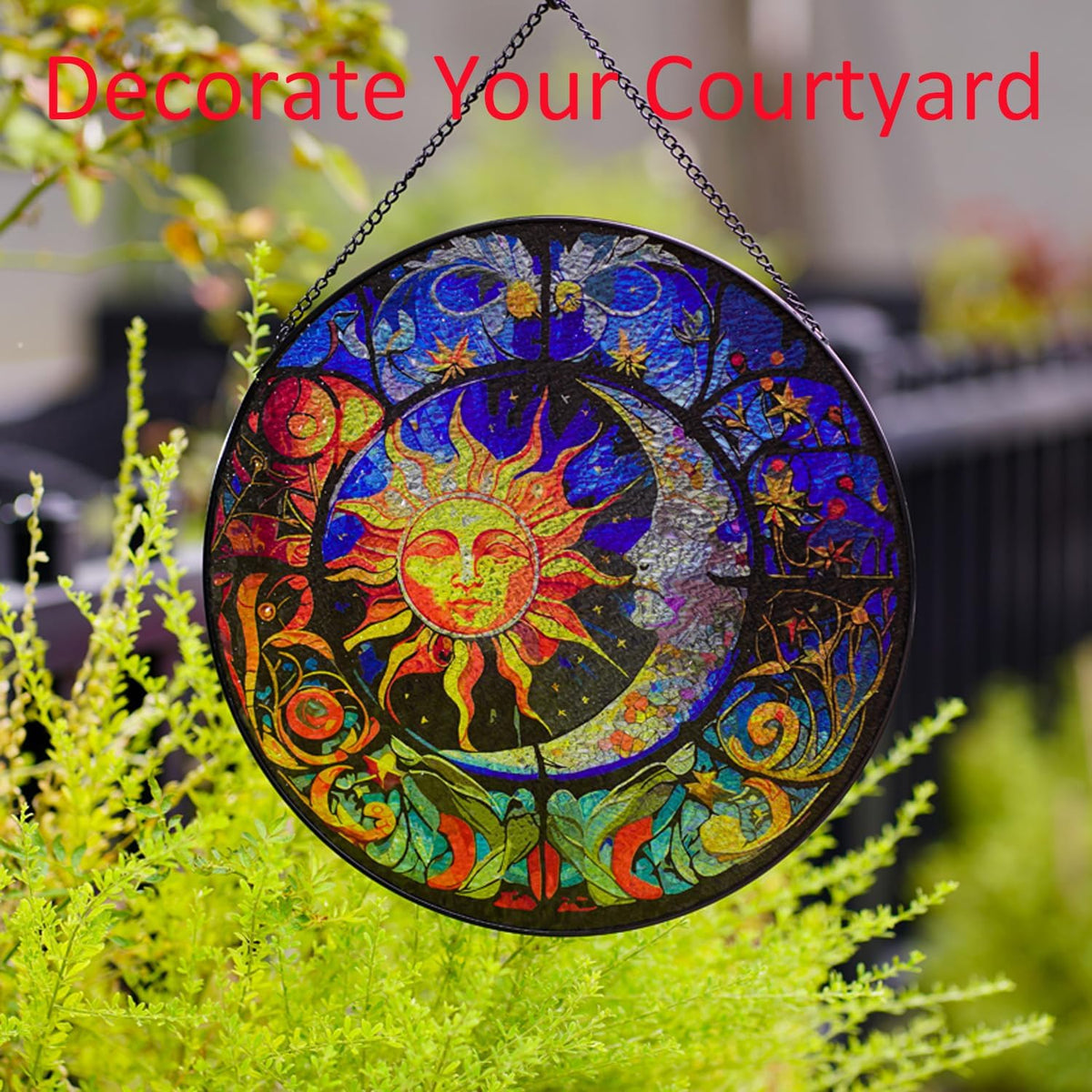 Hanging Stained Glass for Windows,20cm/7.87inch Sun and Moon Hand-Painted Sun Catcher Garden