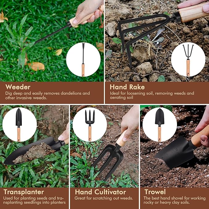 YAUNGEL Garden Tools - 10Pcs Garden Tool Set Heavy Duty Stainless Steel Gardening Supplies Hand