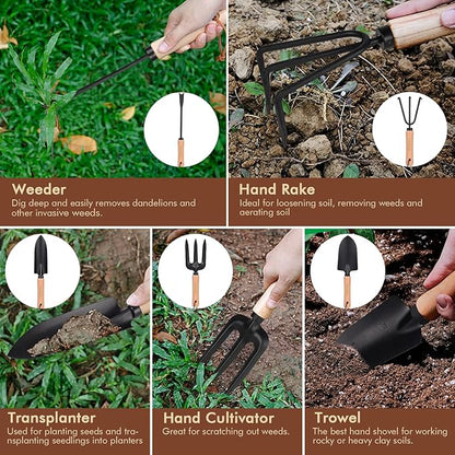YAUNGEL Garden Tools - 10Pcs Garden Tool Set Heavy Duty Stainless Steel Gardening Supplies Hand