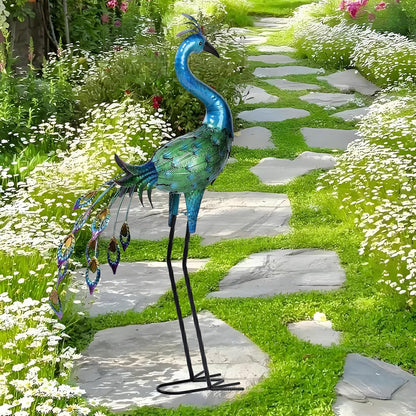 Metal Peacock Statue Yard Decor - Large Iron Peacock 34", Standing Bird Garden Sculptures, Metal