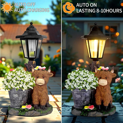 Solar Highland Cow Outdoor Statues, Garden Sculptures with Flowerpot Decor & Solar Lantern for Yard