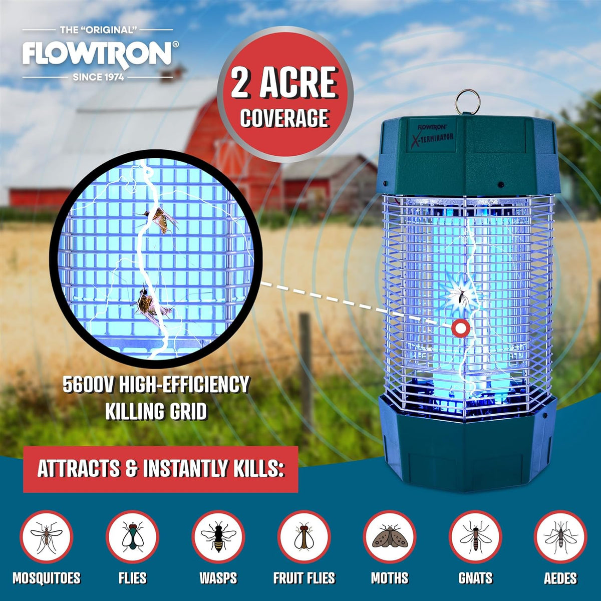 Flowtron Electric Bug Zapper 2 Acres Outdoor Insect Control with Dual Lure Method, 120W UV Light &