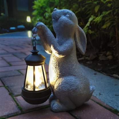 Rabbit Solar Garden Statues,Resin Rabbit Figurine Decorations with Solar Lights Lantern, Outdoor