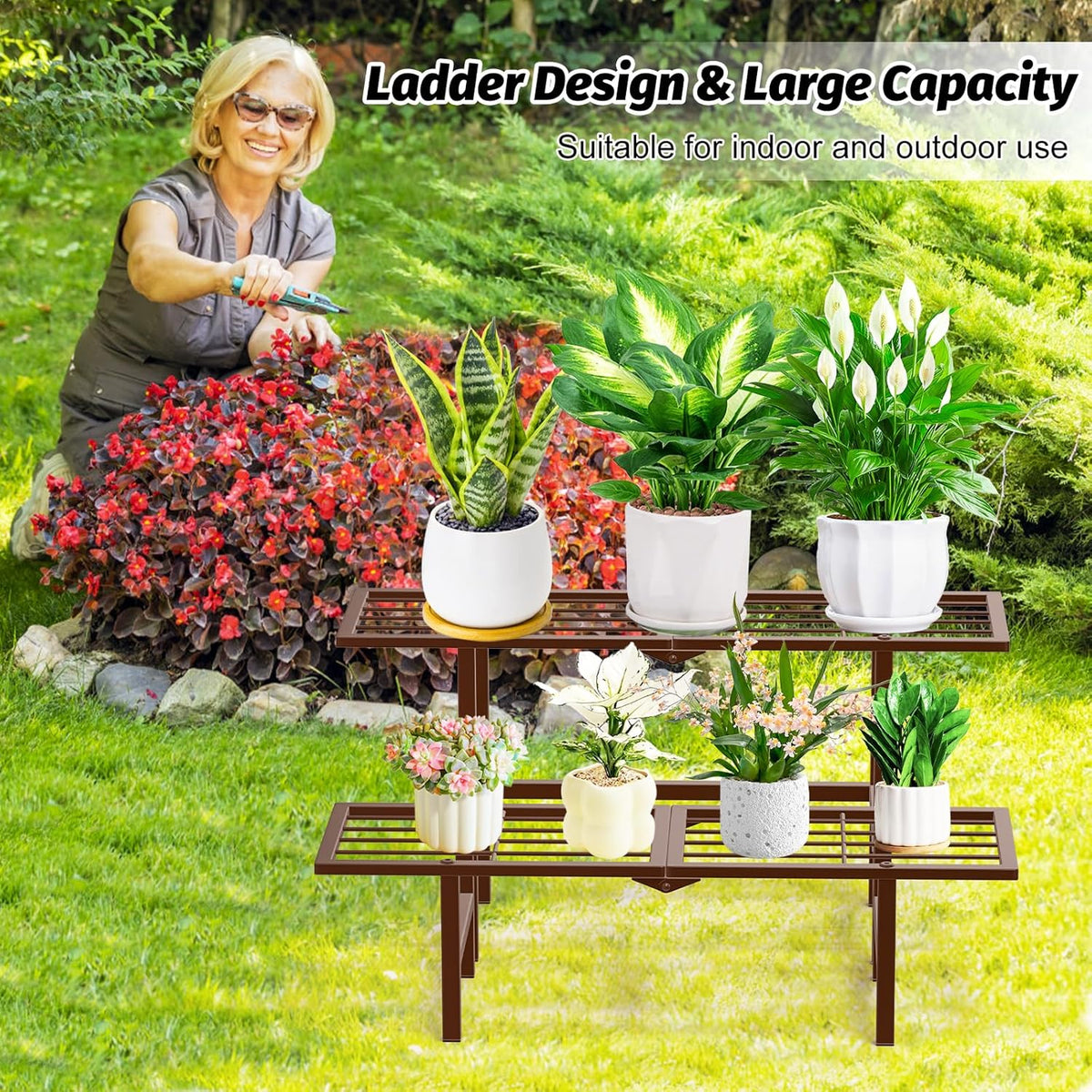Plant Stand Indoor Outdoor, 2-Tier Foldable Metal Ladder Plant Stands, Stackable Metal Plant Shelf