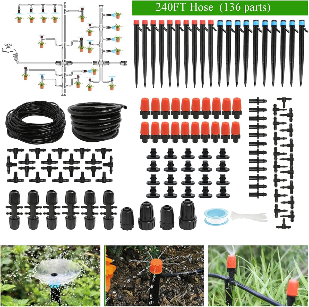 240FT Drip Irrigation System Kit, Automatic Garden Watering Misting System for Greenhouse, Yard