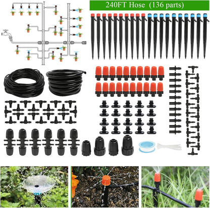 240FT Drip Irrigation System Kit, Automatic Garden Watering Misting System for Greenhouse, Yard