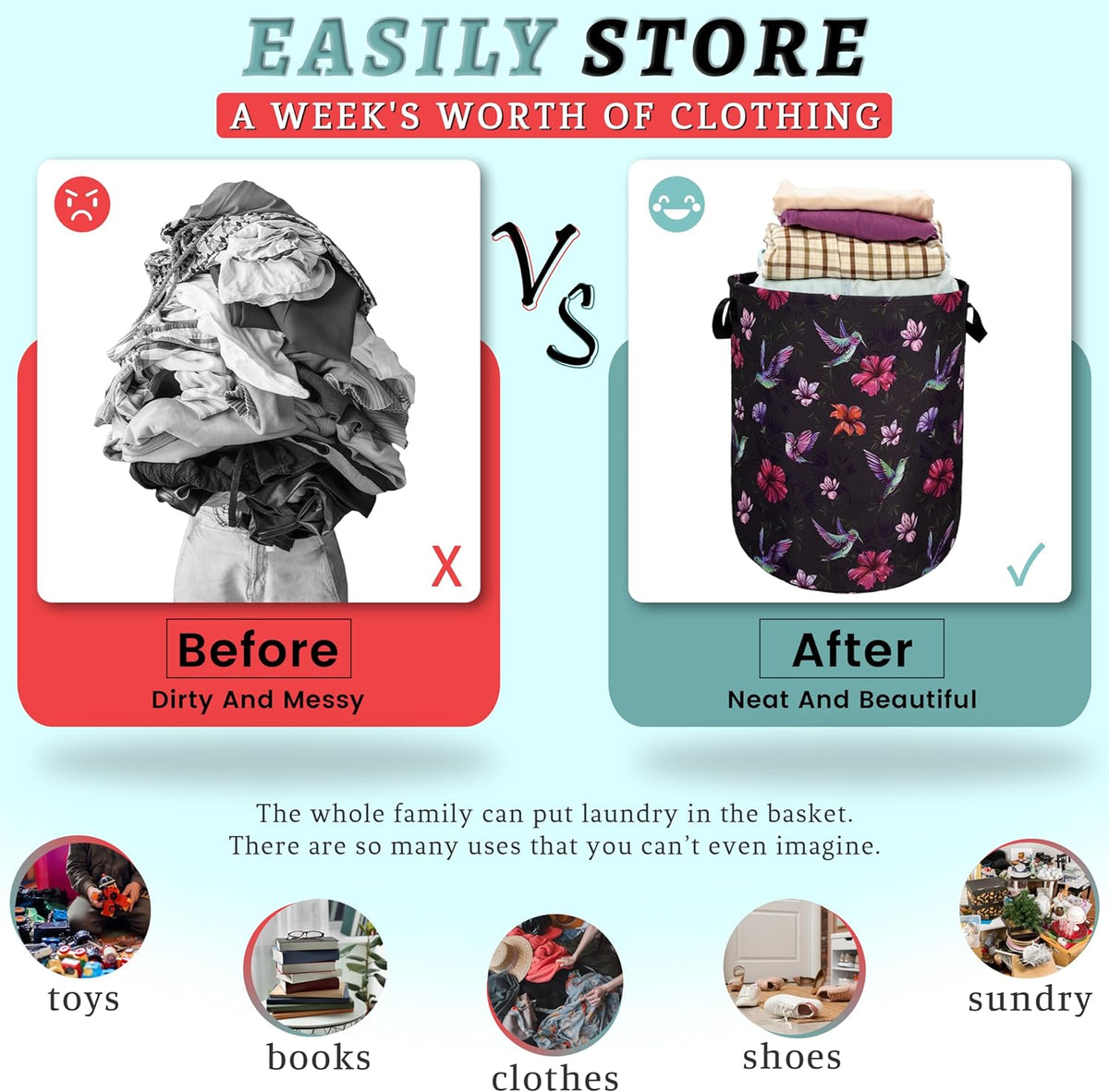 Beautiful Hummingbird Hibiscus Flower Laundry Basket Foldable With Handles Tote Bag Oxford Cloth