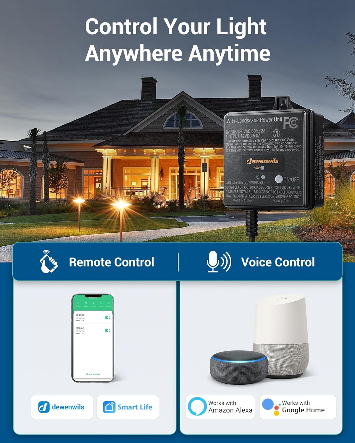 DEWENWILS 60W WiFi Low Voltage Transformer, 120V AC to 12V DC, Smart Outdoor Low Voltage Landscape