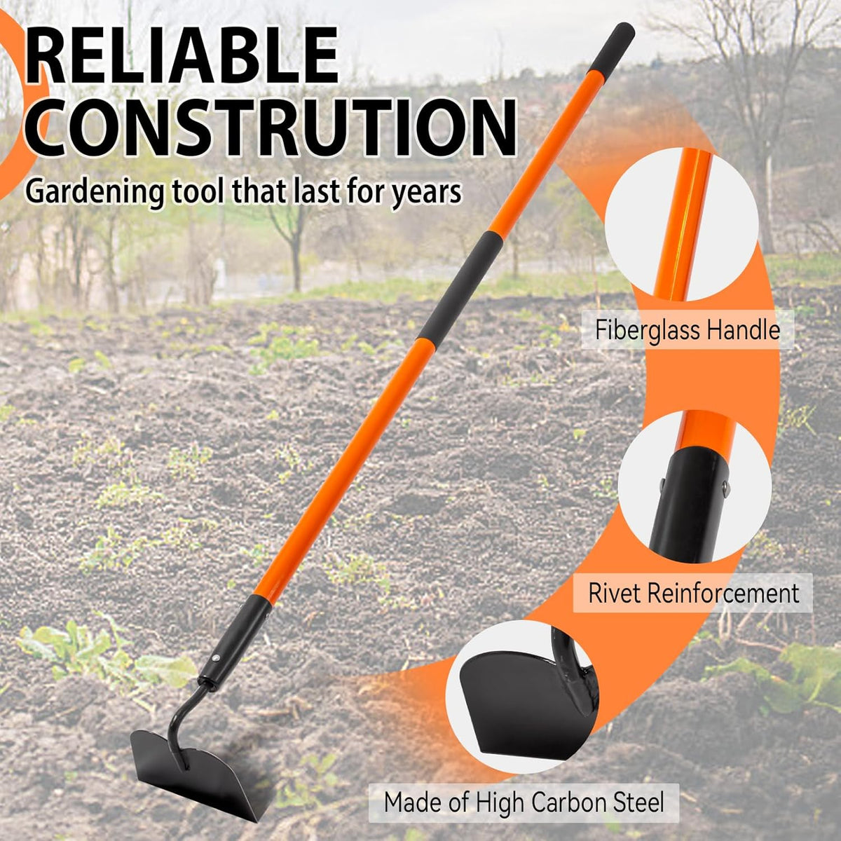 Garden Hoe Tool, 58 Inches Hoe Garden Tool with Fiberglass Long Handle, Heavy Duty Garden Hoe for
