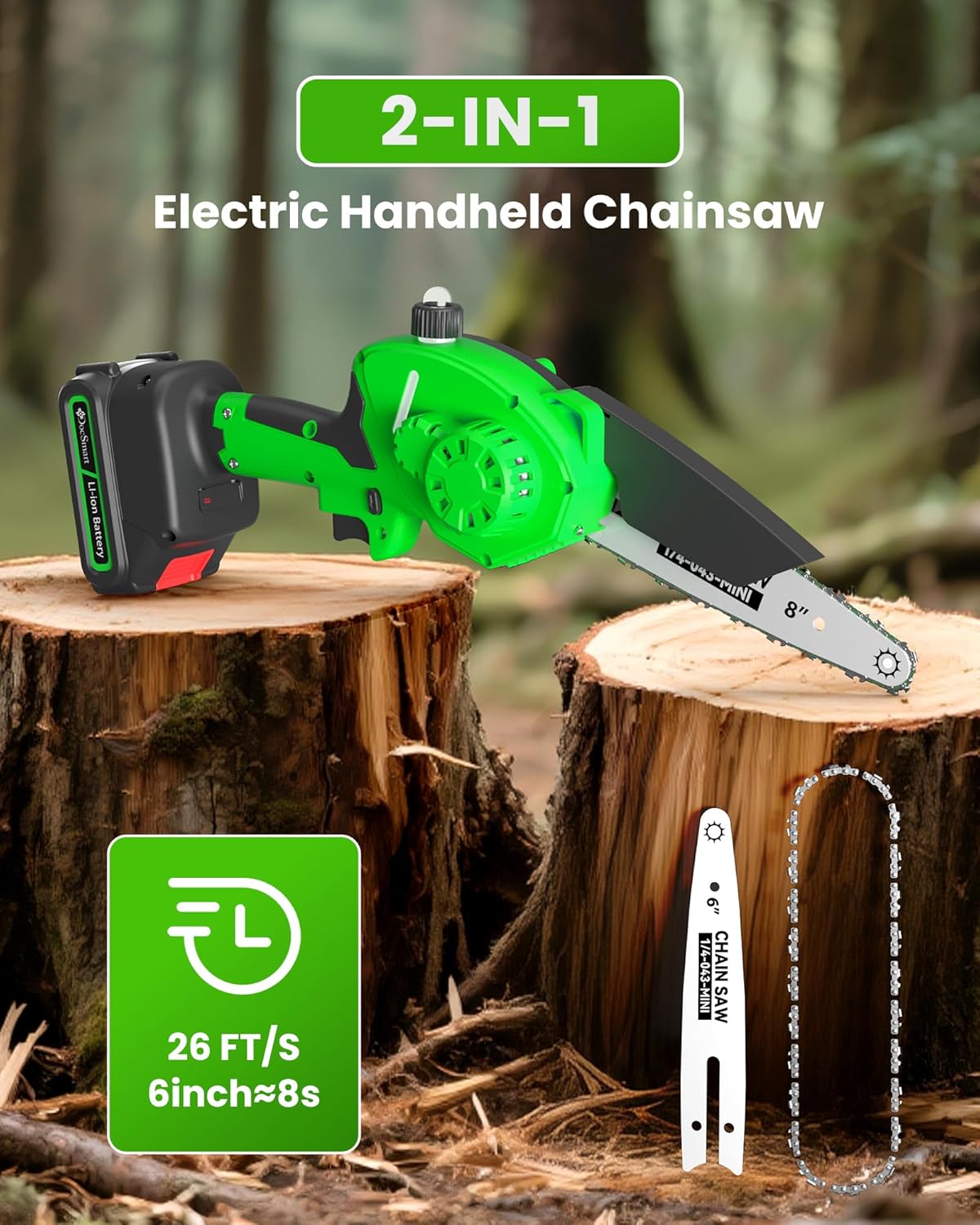 Mini Chainsaw Cordless, 8 inch & 6 inch Electric Chain Saw with 2 Pack Rechargeable Batteries