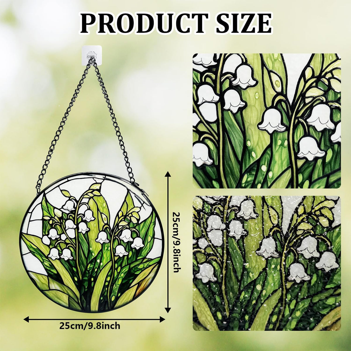 Stained Glass Window Hanging, Lily of The Valley Flower Diamond Glass Panel Suncatcher Green Plant