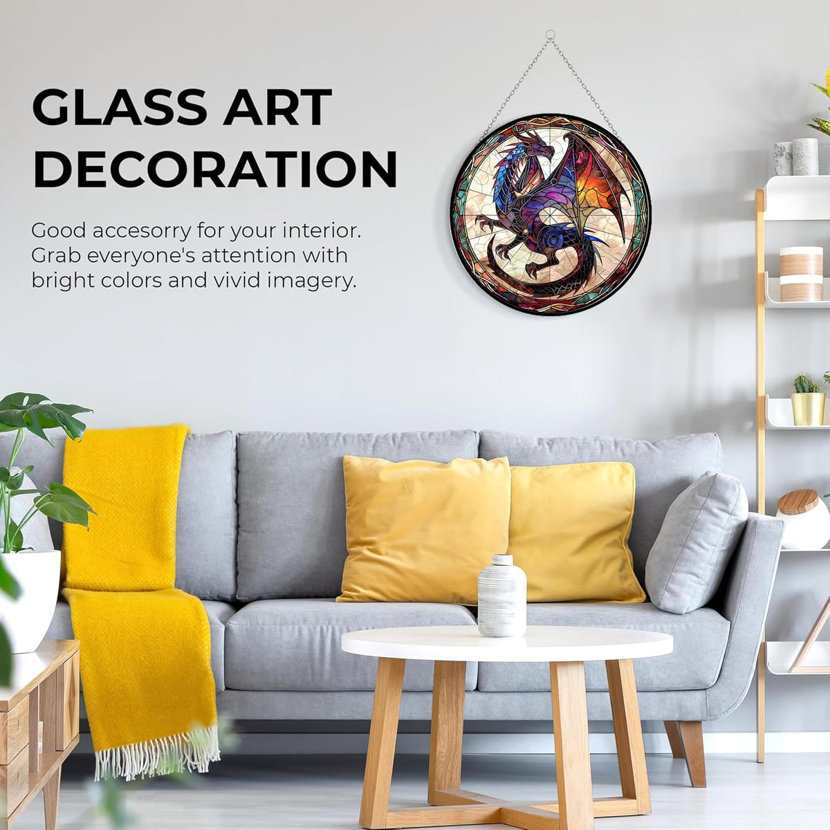 Dragon Stained Glass Window Hanging Suncatcher 12" Glass Panel with Metal Chain Sun Catchers Wall