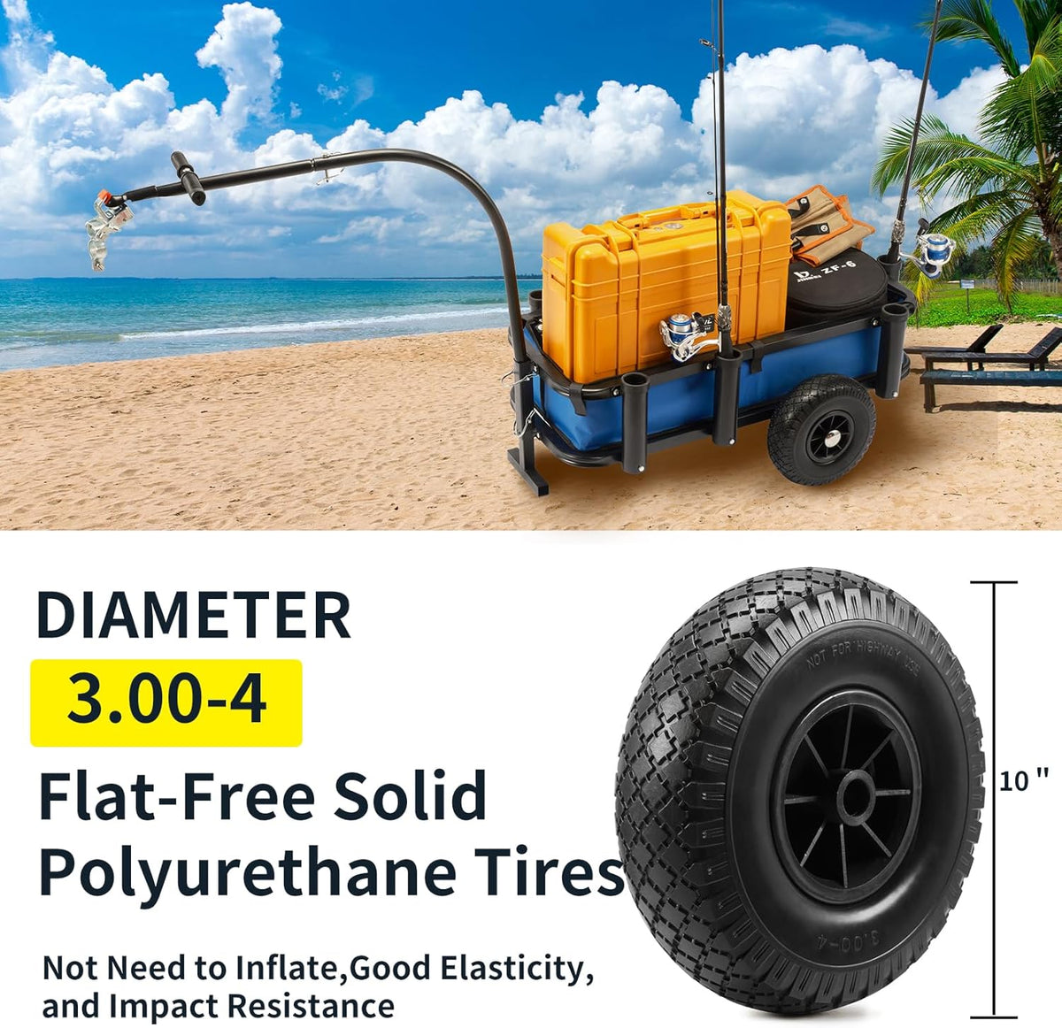 Beach Fishing Cart, w/10 Big Wheels Black PU Solid Balloon Tires for Sand, Fishing Wagon Cart Large
