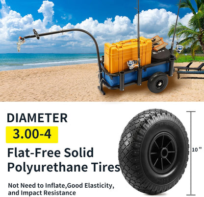 Beach Fishing Cart, w/10 Big Wheels Black PU Solid Balloon Tires for Sand, Fishing Wagon Cart Large
