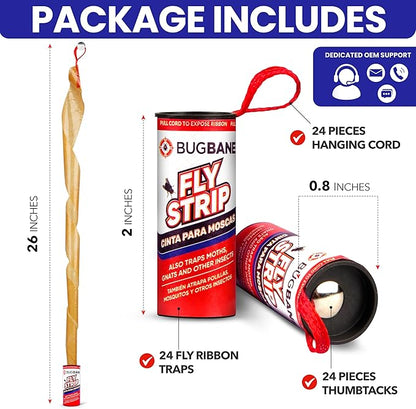 Fly Strips Indoor Sticky Hanging 24pk with Pins. Non Toxic Outdoor Fly Trap Indoor for Home. Flies