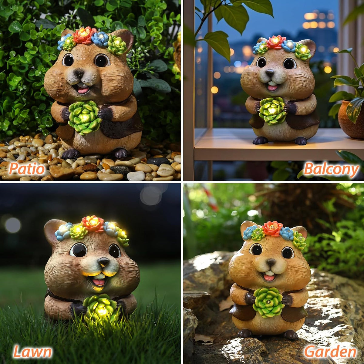Solar Garden Decor Outdoor Statues Hamster with Succulent and LED Lights Birthday Gifts for Women