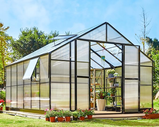 Jocisland 12x13.5x9 Polycarbonate Outdoor Aluminum Greenhouse - Quick Connect Fittings, 6.7 FT