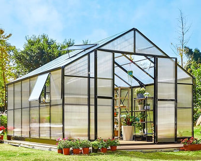 Jocisland 12x13.5x9 Polycarbonate Outdoor Aluminum Greenhouse - Quick Connect Fittings, 6.7 FT