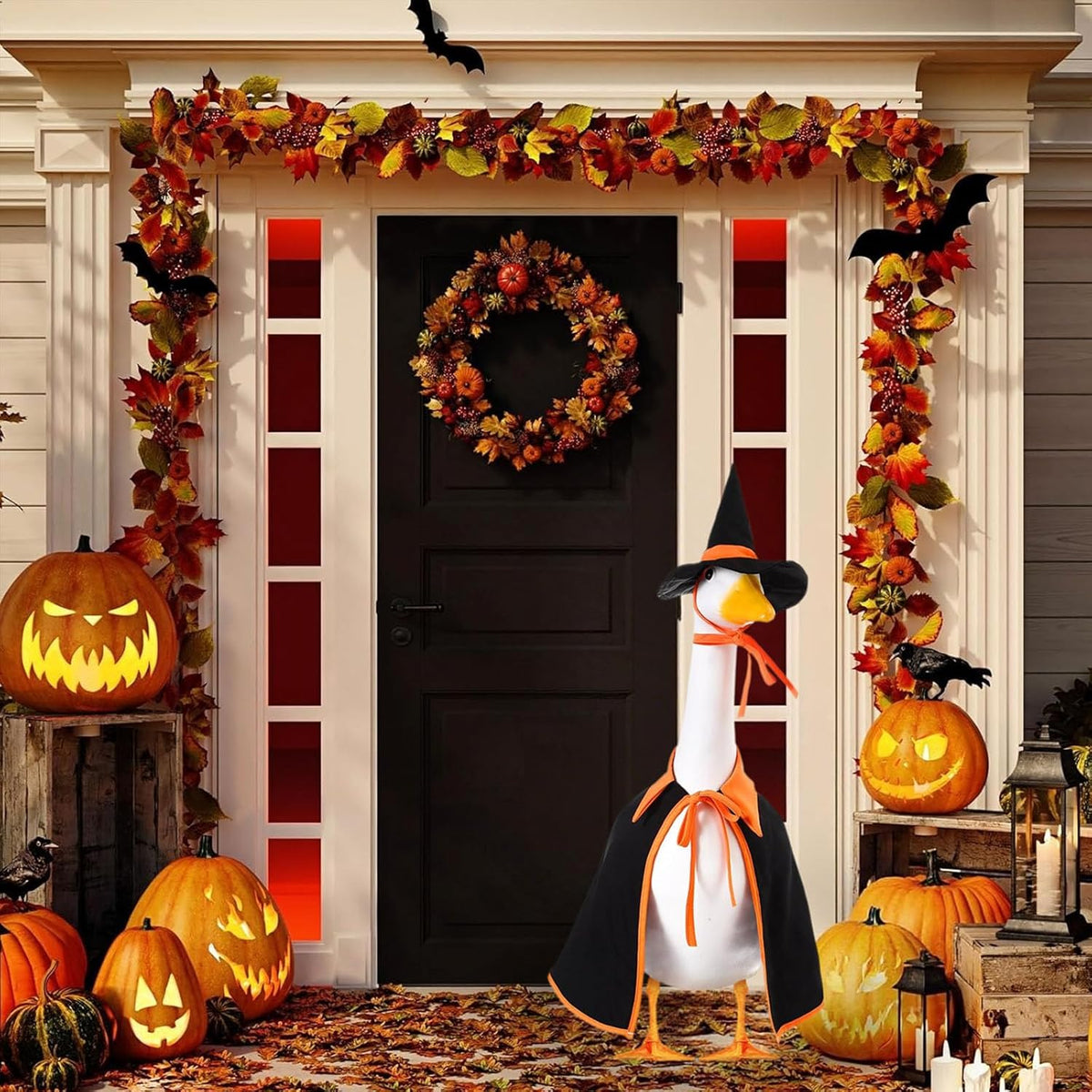 Halloween Porch Goose Outfit Set for 23'' Plastic Statue Lawn Porch Goose Clothes with Cloak Hat
