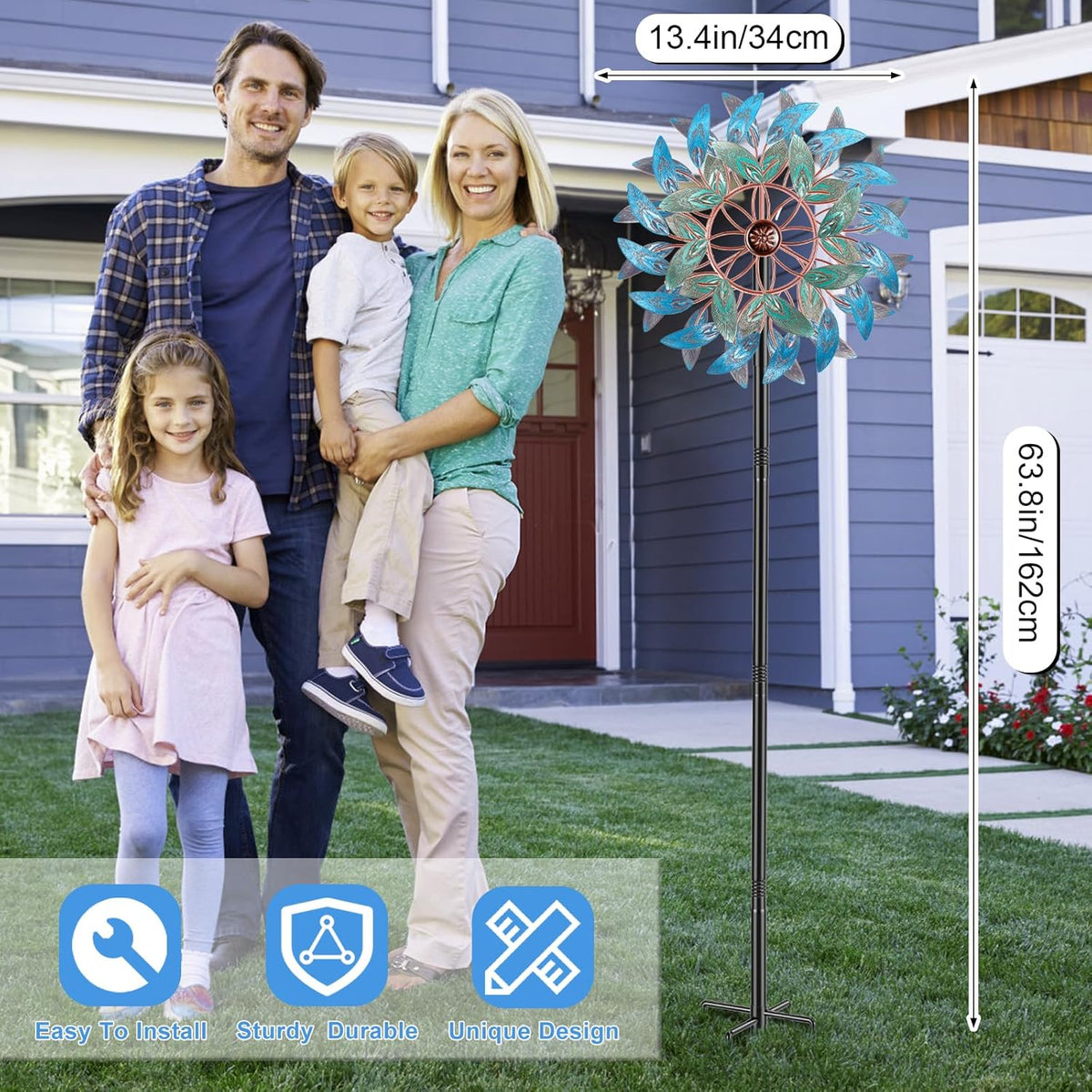 66 Inch Metal Outdoor Wind Spinner, 2-Way Wind Sculpture Spinner with Metal Stake, Waterproof 360