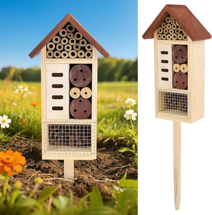 Lulu Home Wooden Insect House with Stake, Hanging & Inserting Two Mount Ways Insect Hotel for Bee