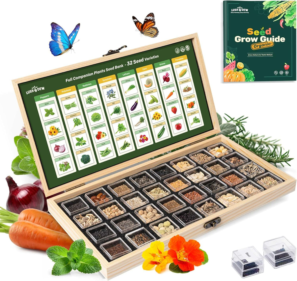 LUSH&DEW Companion Plants Heirloom Seed Bank, Gardening Gifts, 32 Varieties 30,000+ Non-GMO Fall