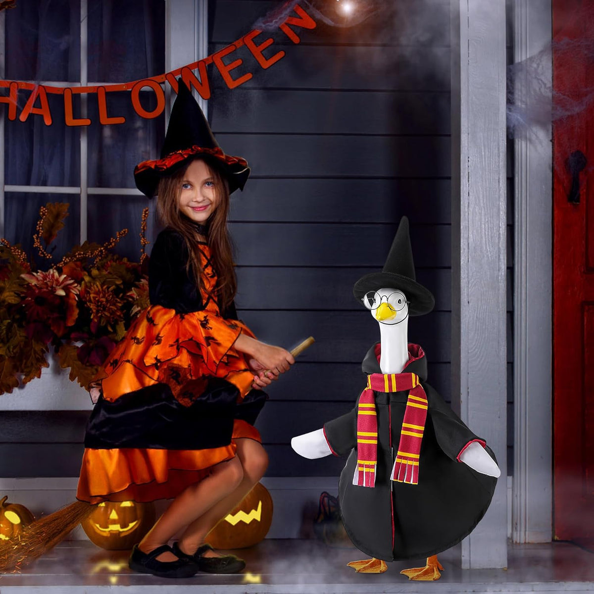 4 Pcs/Set Halloween Witch Goose Outfits, Lawn Porch Goose Statue Wizard Costume, Garden Goose